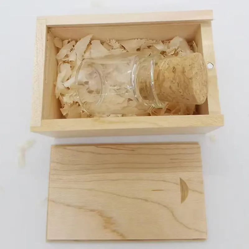 Wooden wish drift bottle USB flash drive with transparent design showing capacity options