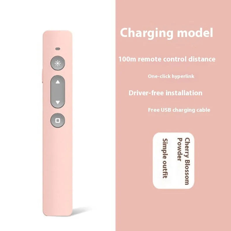 Black, white, and pink wireless presentation remote control pens with a USB receiver on a wooden desk.