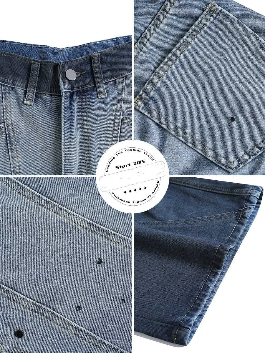 Blue tie-dye gradient cropped jeans with washed-out finish, loose fitting casual pants