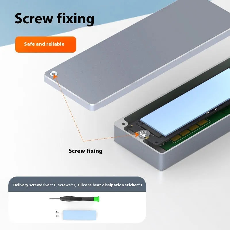 Aluminium hard drive enclosure for M.2 SATA SSDs with installation tools and thermal pad