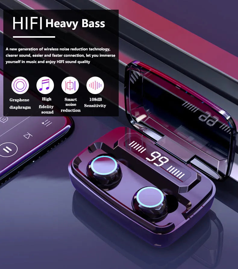 Black M11 style Bluetooth wireless headset with digital power display next to its charging case.