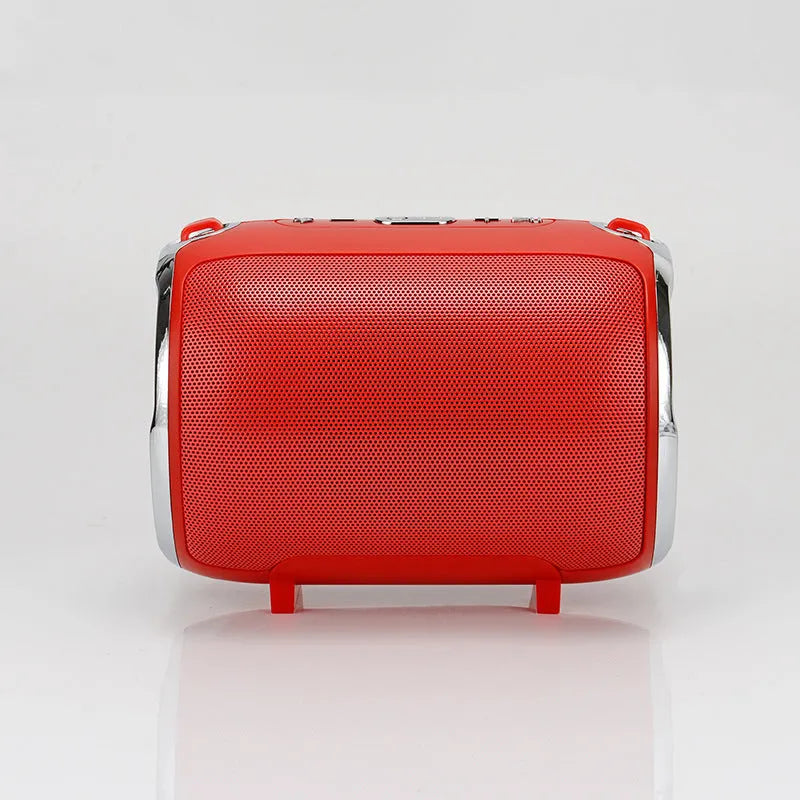 Portable plug-in subwoofer sound system in a metal shell showing button controls and available in five colours.
