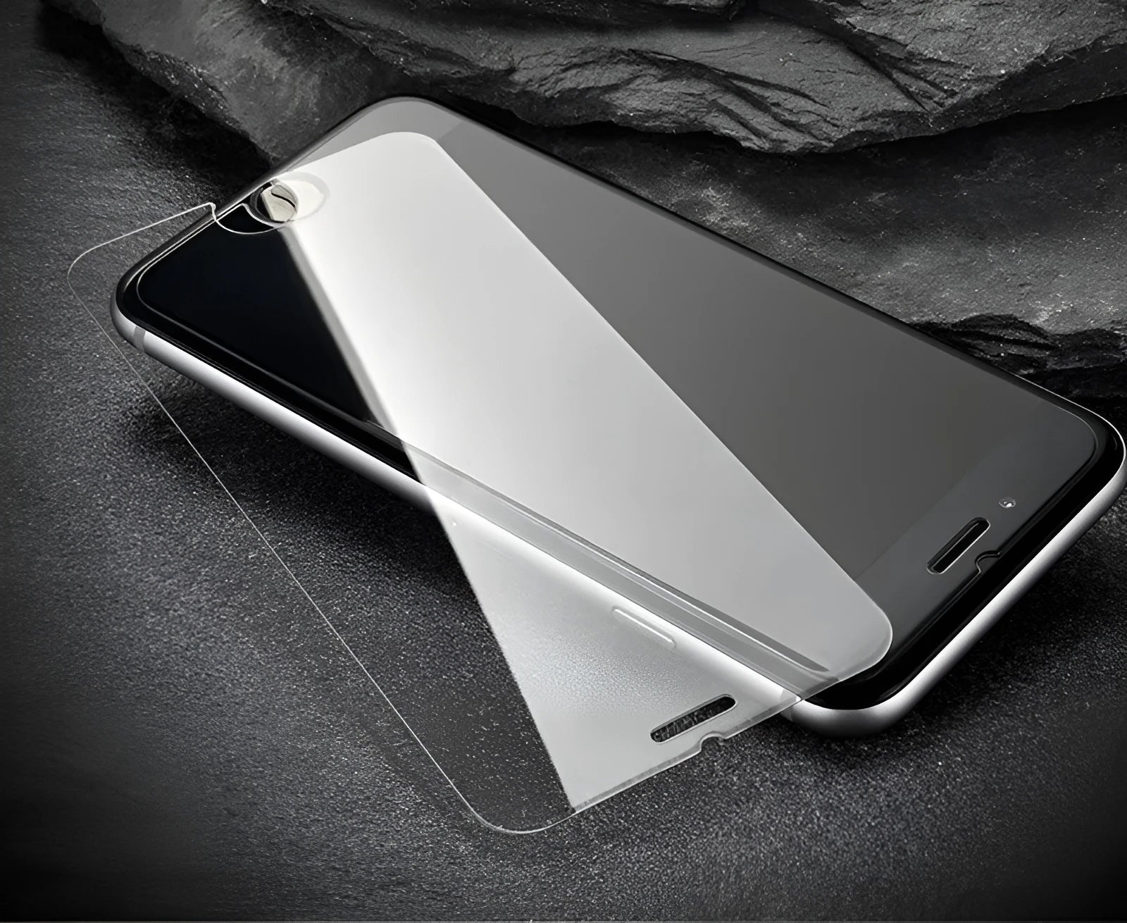 Tempered glass screen protector with 9H hardness for smartphones on a clean surface.