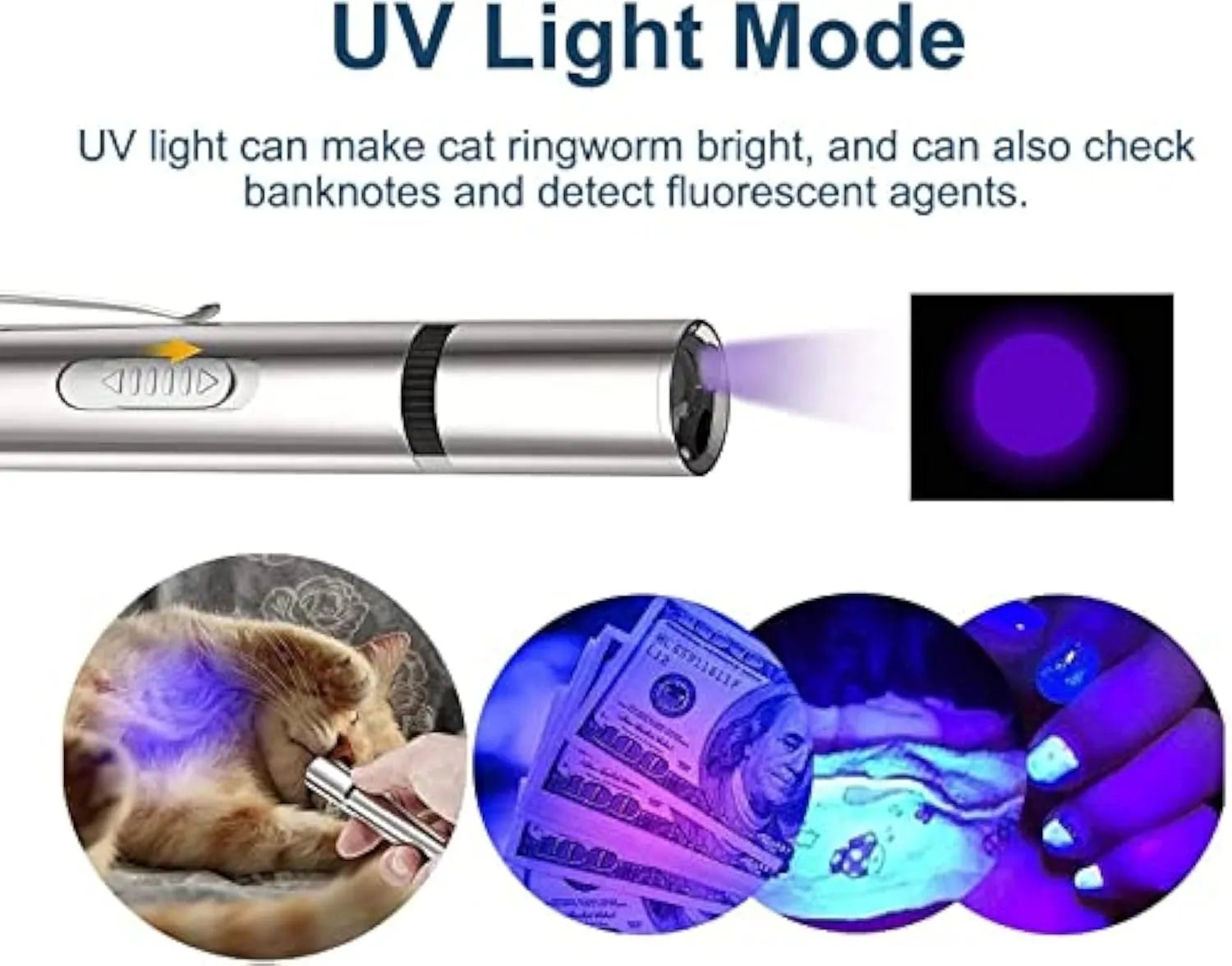 Silver aluminium interactive cat laser pointer toy with USB port and multiple light pattern modes.
