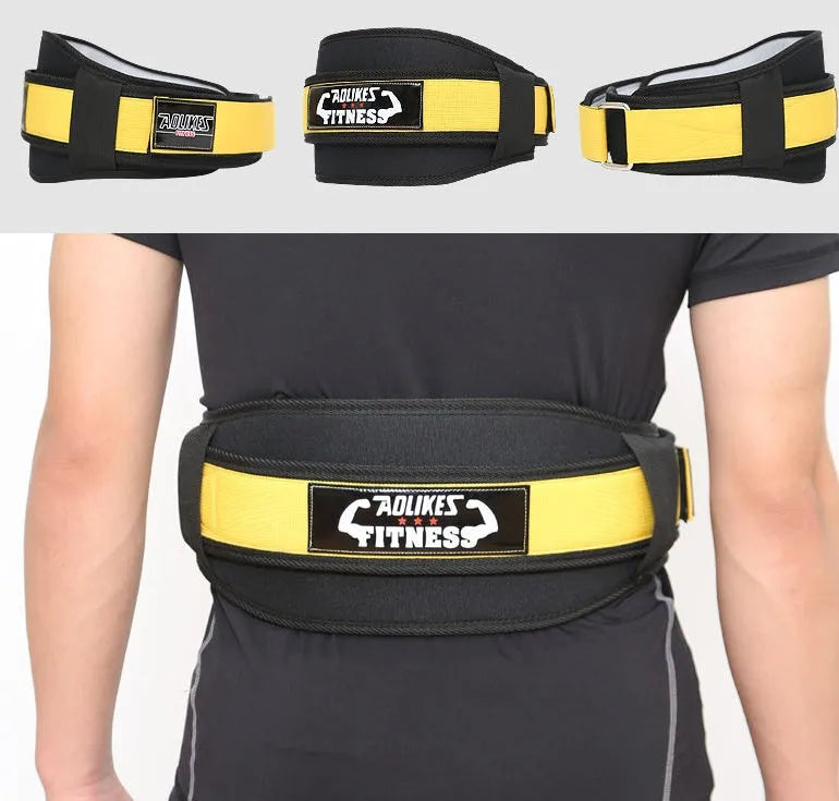 Nylon fitness weightlifting waistband showing black, red and yellow colour options with size markings
