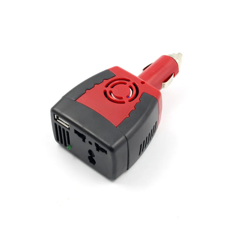Black and red 150W car inverter with USB output, measuring 115 x 65 x 41mm
