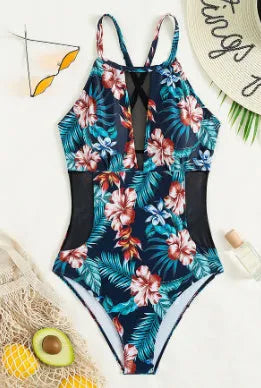 Women's deep V-neck one-piece swimsuit in solid or gradient colour.
