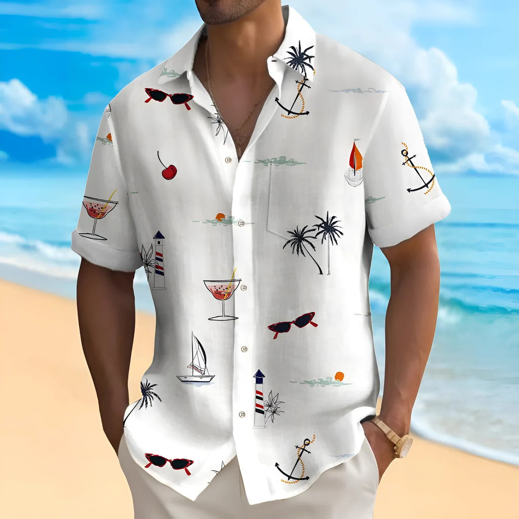 Man wearing a loose-fit, short-sleeve Hawaiian shirt with a colourful digital printed tropical pattern.