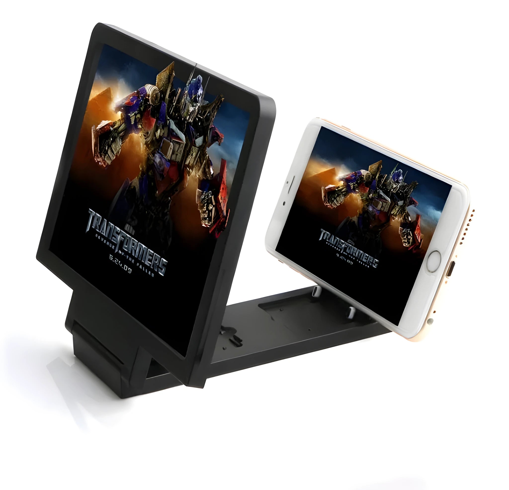 Black foldable 3D mobile phone screen amplifier stand holding smartphone