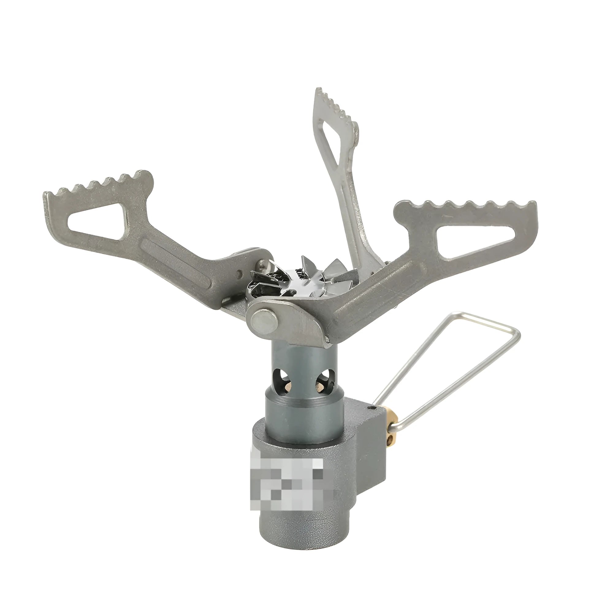 A portable single-burner propane camping stove with a one-piece metal furnace, shown outdoors.
