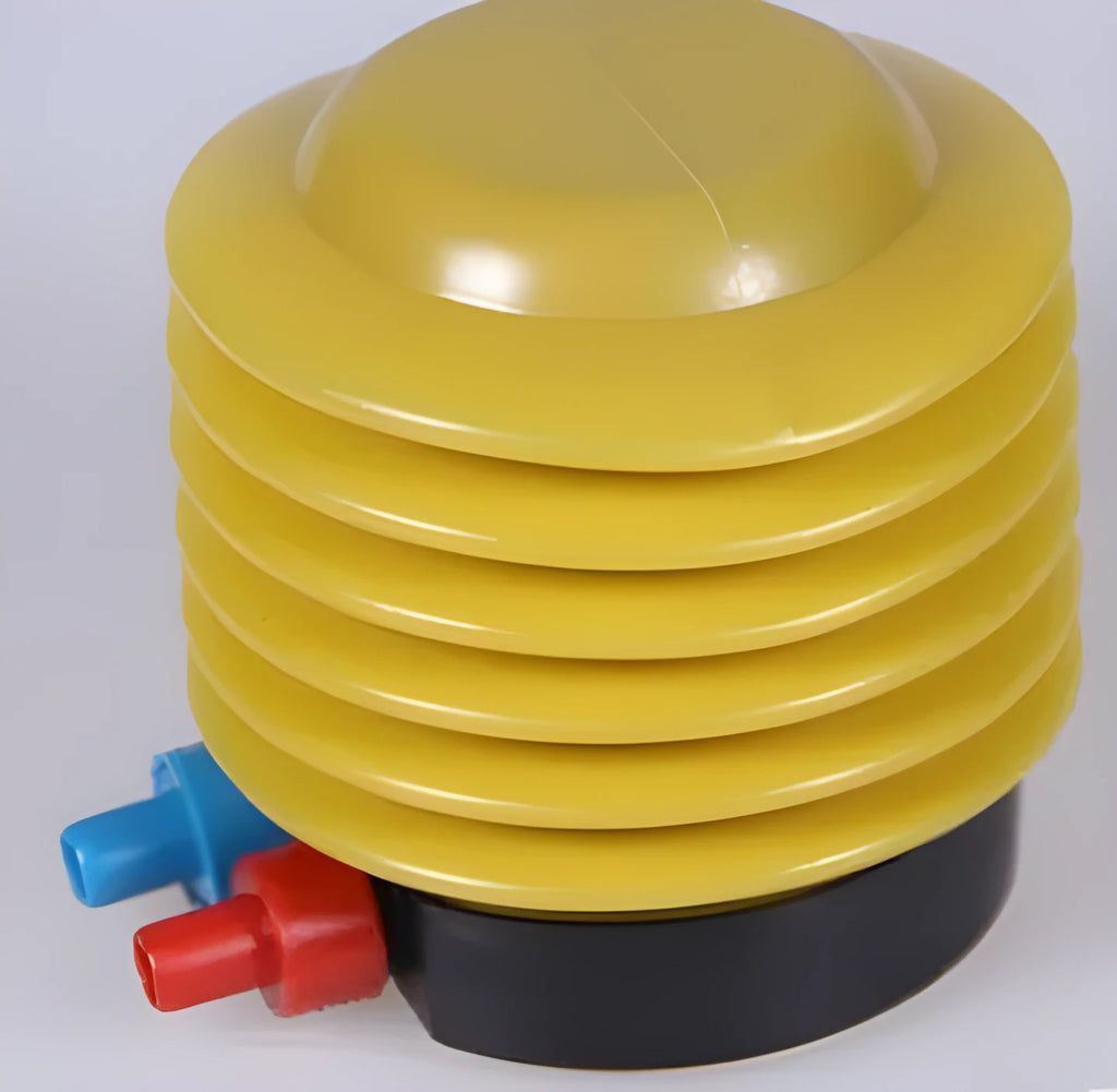 Blue and red plastic pedal pump for inflating swim rings with 4-inch diameter
