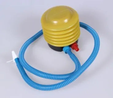 Blue and red plastic pedal pump for inflating swim rings with 4-inch diameter