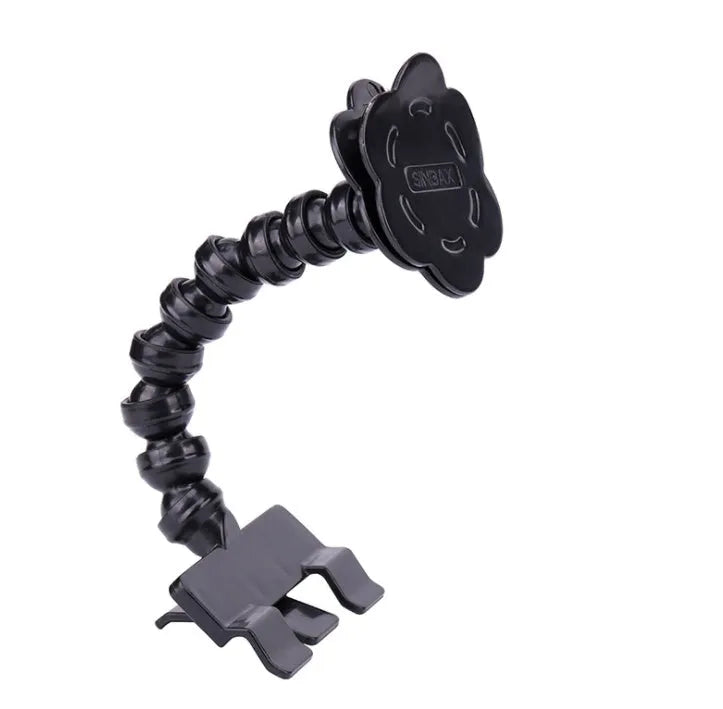 Black pet selfie stick extended to 14.6cm with square and flower clip for mounting on dog collar.