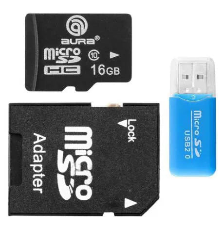 Mini USB TF card reader with built-in plug, 16 GB micro SD card, and SD adapter