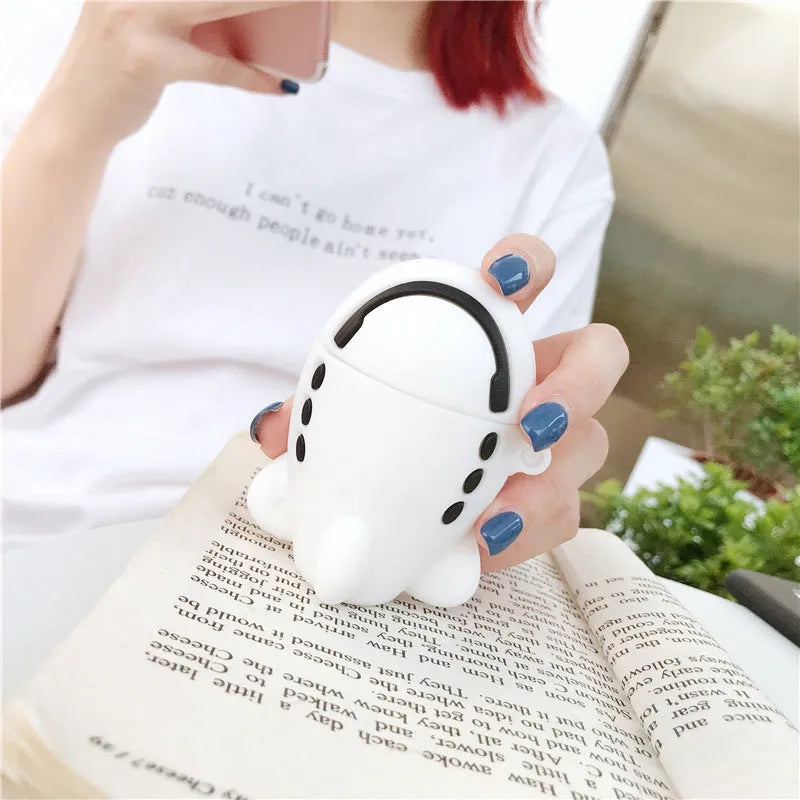 Blue silicone flip case for AirPods 1 and 2 with cartoon aeroplane headset design and attached lanyard hook.