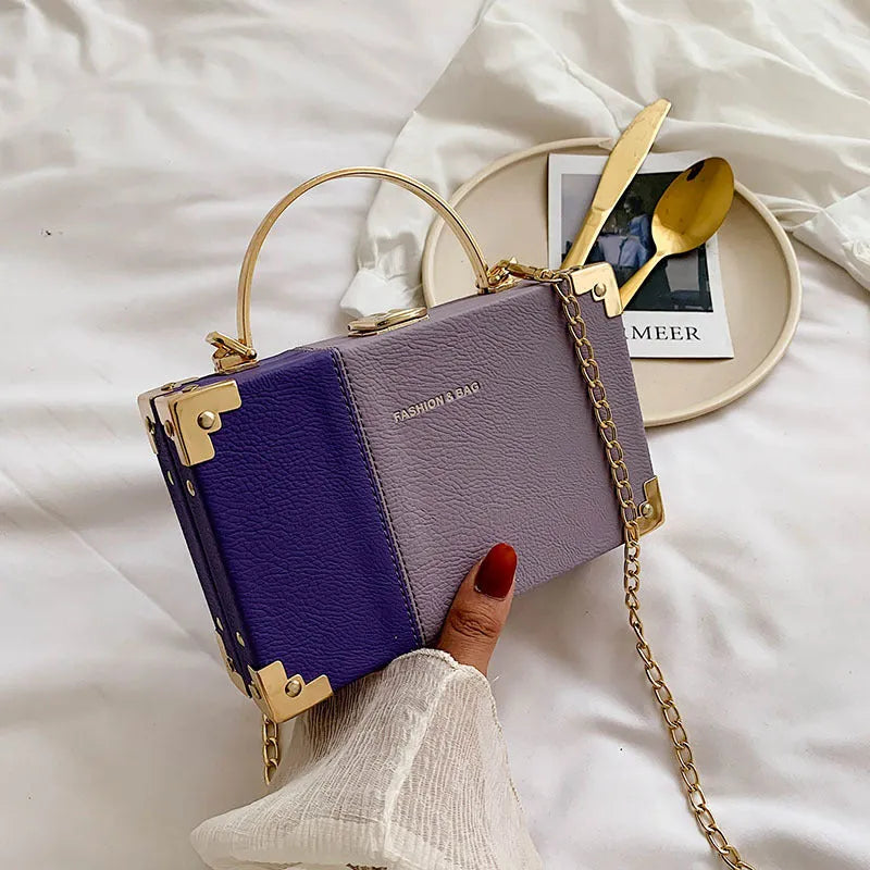 Handle box design ladies party clutch bag in PU leather with long chain, 19cm length, Orange colour