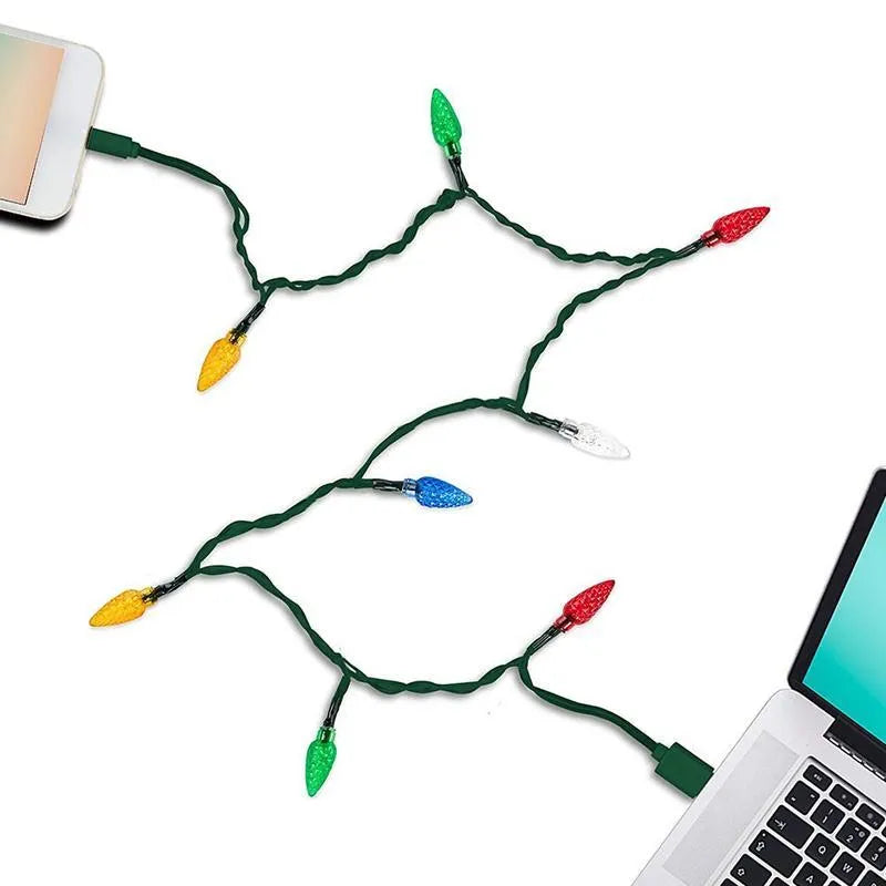 Green USB charging cable with 10 integrated LED Christmas lights flashing, compatible with iOS and Android devices