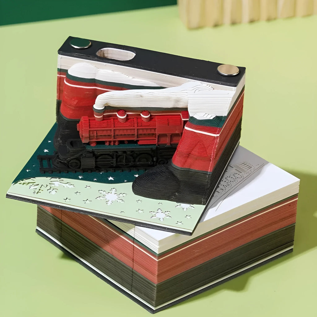 Three-dimensional paper carved sticky notes with Christmas Train themed decorative cover