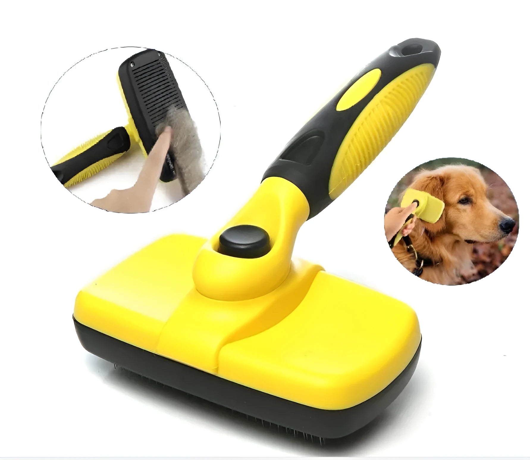Pet self-cleaning slicker brush with stainless steel needles, green handle, on white background