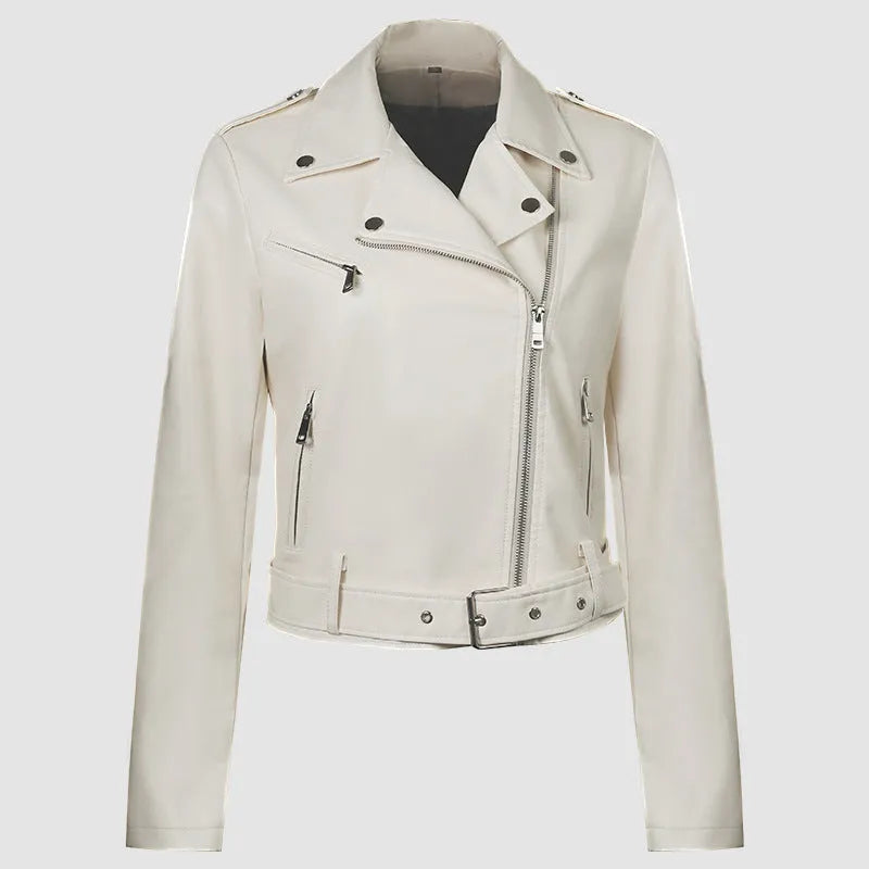 Women's black PU imitation leather motorcycle jacket with short lapel and waist belt