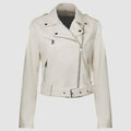 Women's black PU imitation leather motorcycle jacket with short lapel and waist belt