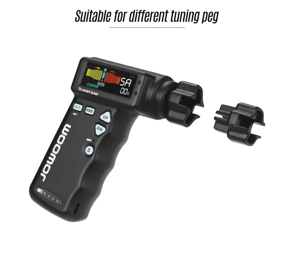 Black and white multi-functional smart guitar tuner with LCD display and string winder