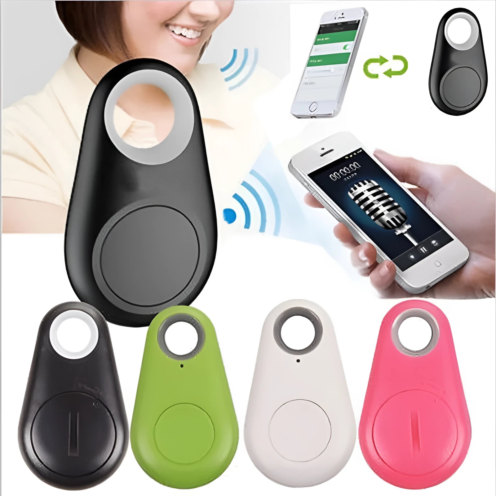 Small black Bluetooth tracker on a keyring with white logo and rounded edges