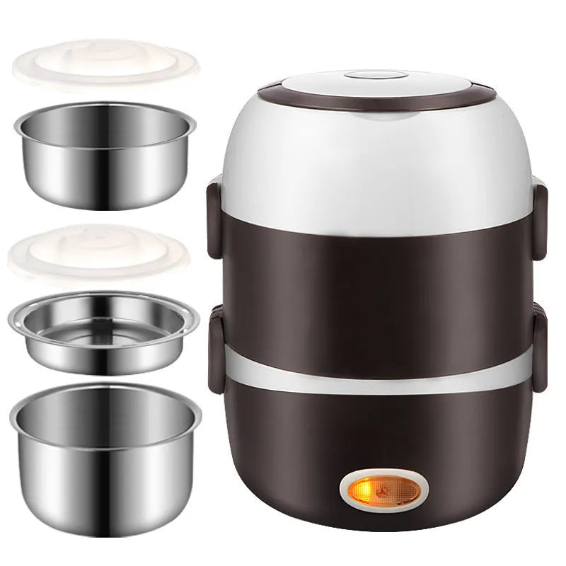 A compact cubic USB-powered lunch box showing two-layer and three-layer capacity options for portable food heating.
