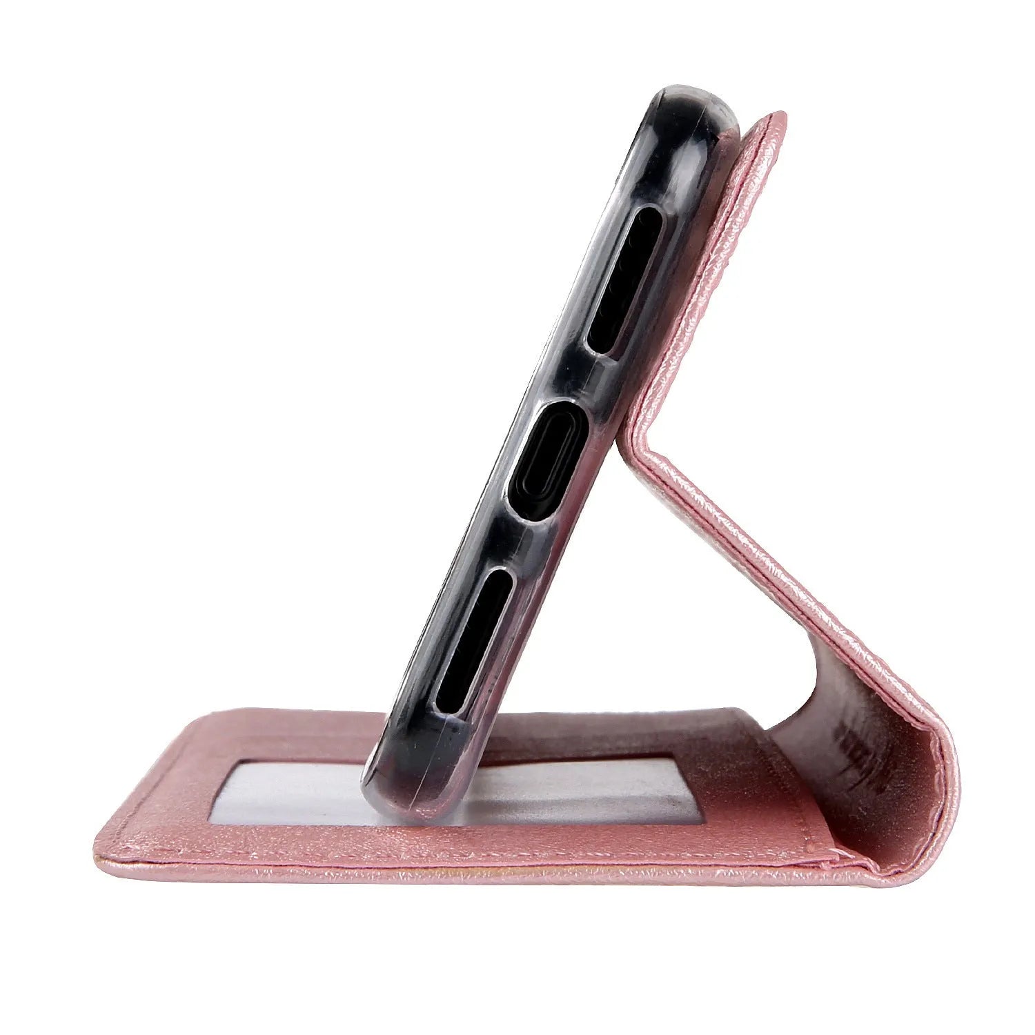 PU leather flip phone case in rose gold colour, shown open next to an iPhone, highlighting the interior card slot.