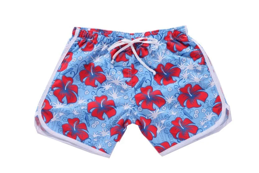 Men's loose fit quick-dry beach shorts in polyester-cotton, Blue flower colour option