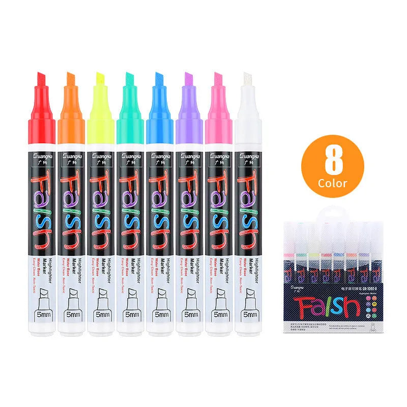 Electronic fluorescent board highlighter with oblique pen shape showing 6mm tip and plastic shell construction