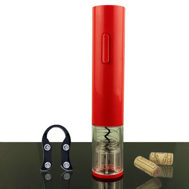 Black automatic electric wine bottle opener with foil cutter on a wooden table