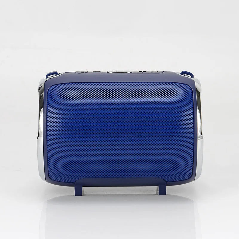 Portable plug-in subwoofer sound system in a metal shell showing button controls and available in five colours.