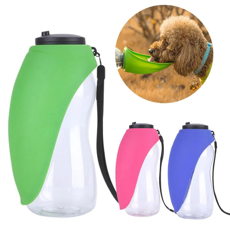 Blue portable dog water bottle with attached wide drinking bowl, showing key lock mechanism