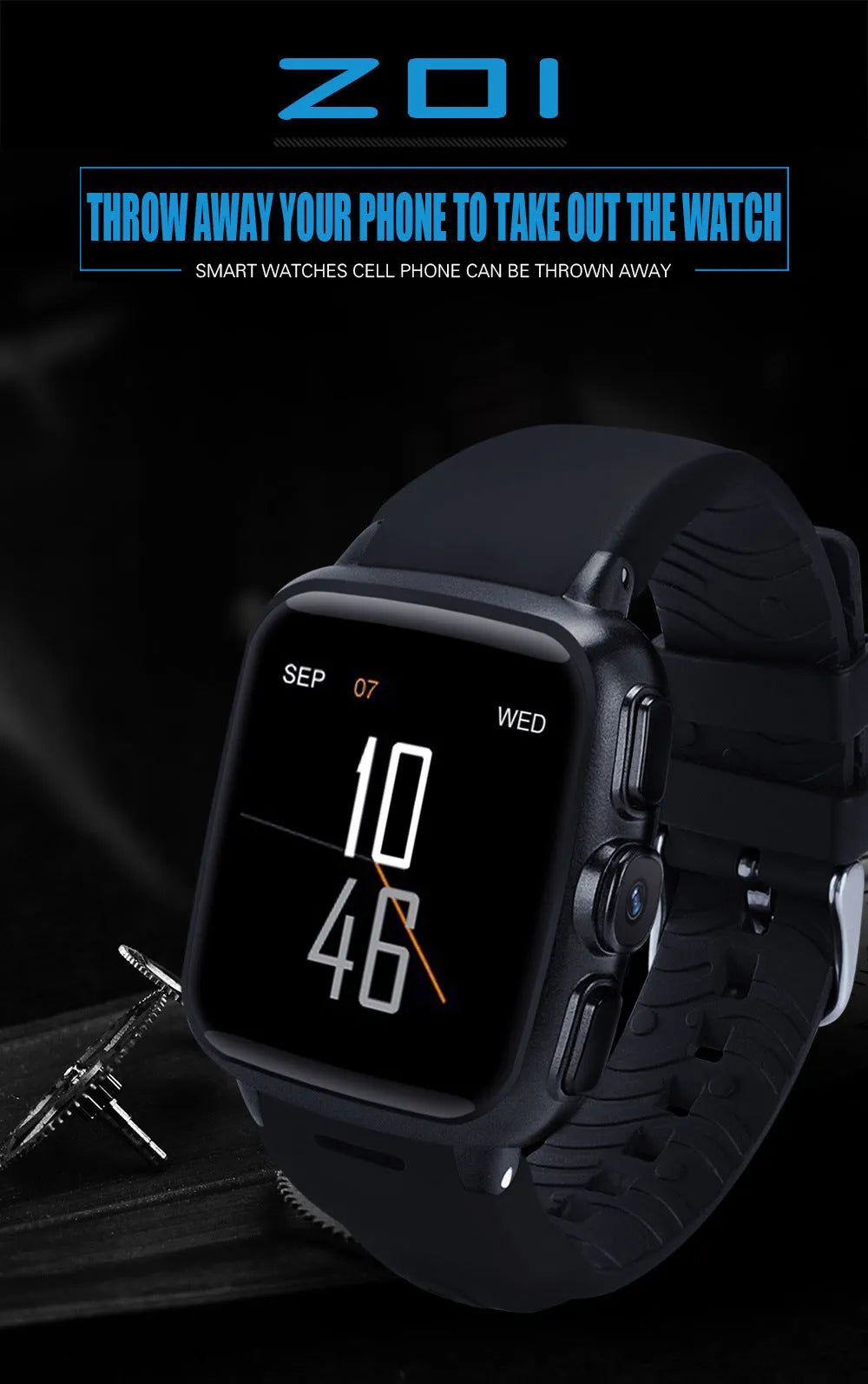 Z01 Smart Watch in black or white with 1.54-inch HD touch screen and camera.