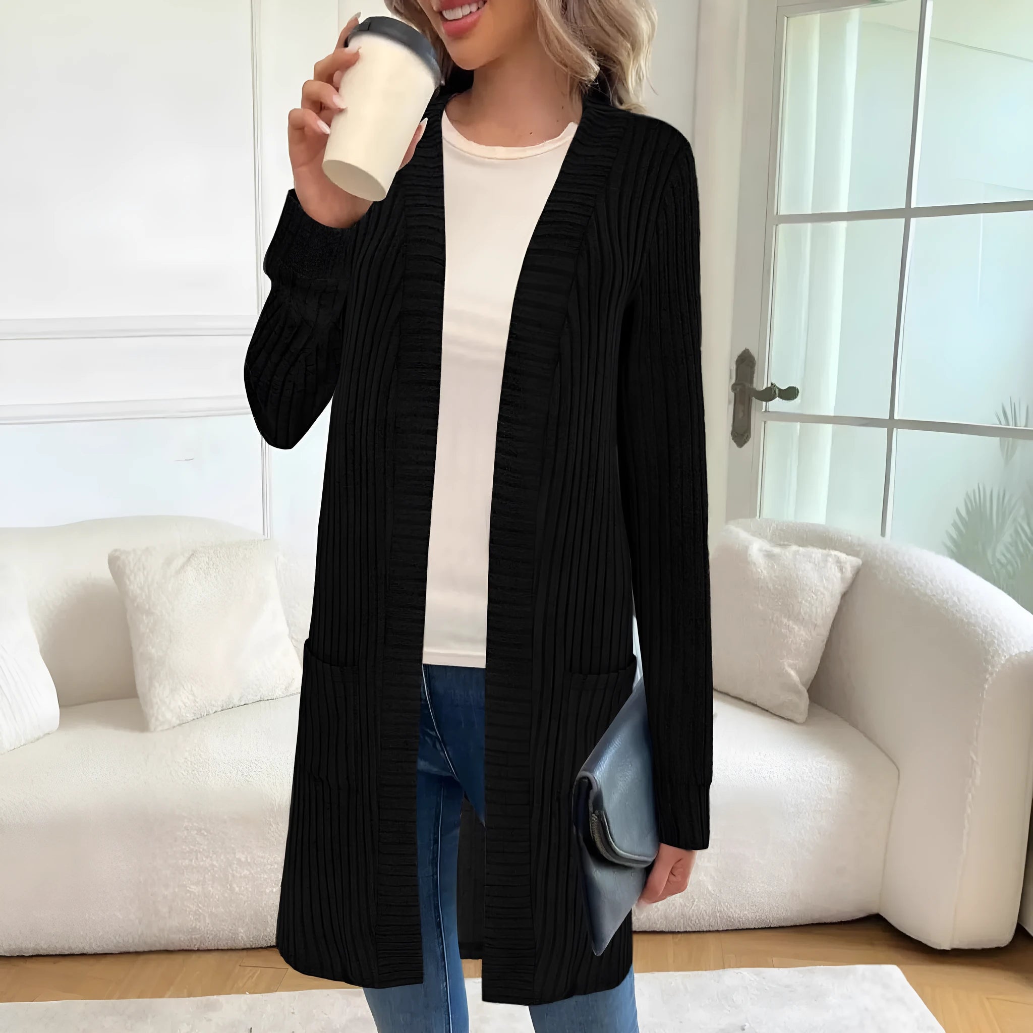 Loose fitting long sleeve knitted cardigan jacket with pockets in black, wine red and grey colours