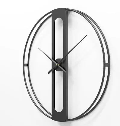Round metal wall clock with 50cm diameter in black or gold colour on a wall.