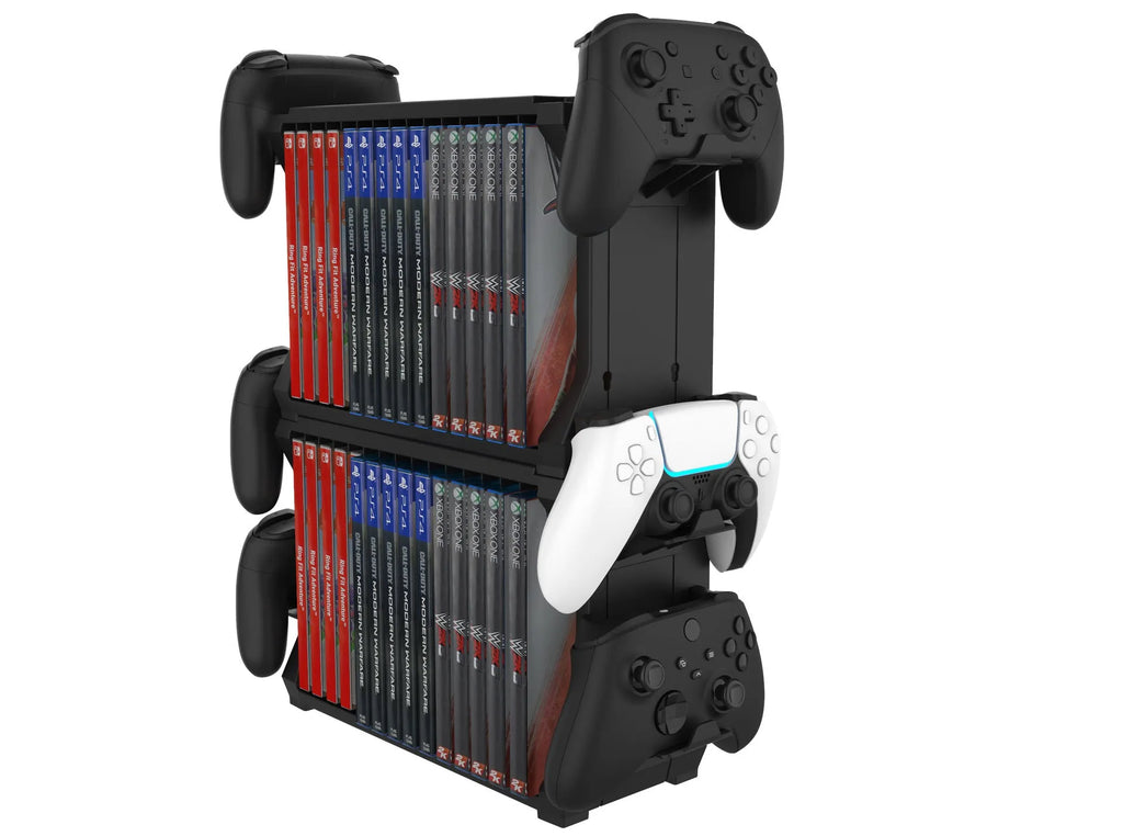 Black PS5 disc holder and controller stand for Xbox Series X, PS4 and Nintendo Switch game storage
