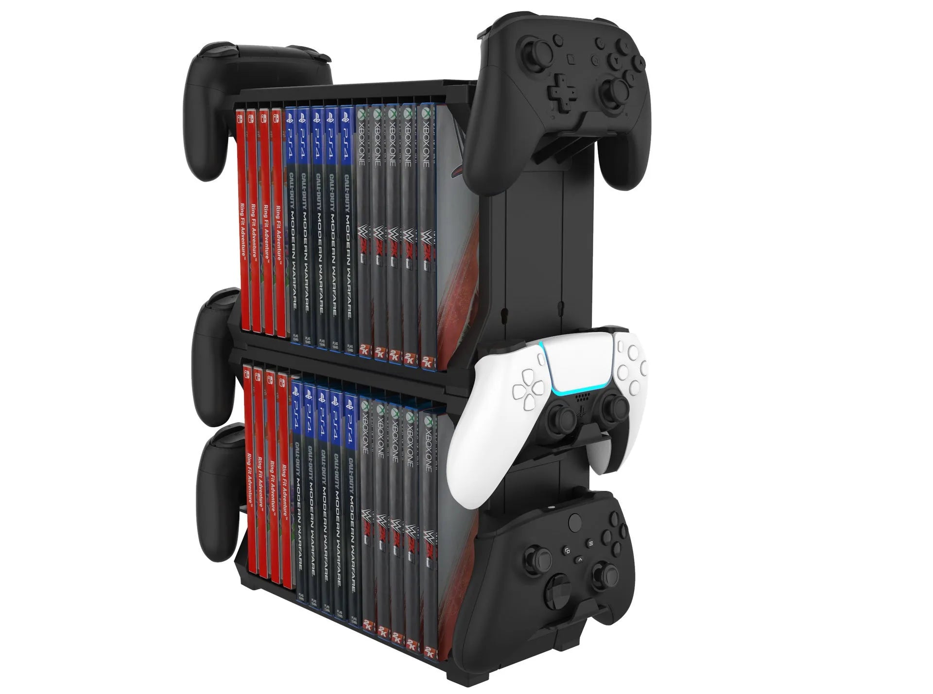Black PS5 disc holder and controller stand for Xbox Series X, PS4 and Nintendo Switch game storage