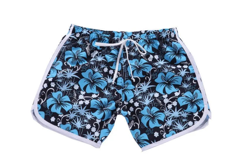 Men's loose fit quick-dry beach shorts in polyester-cotton, Blue flower colour option