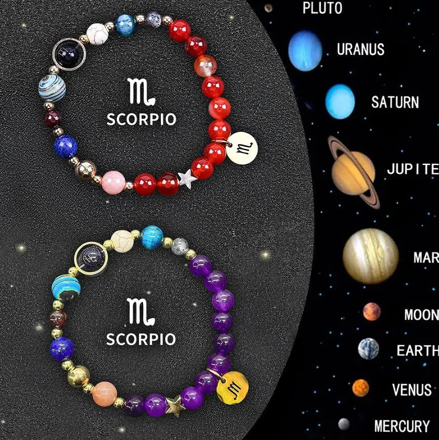Two natural stone beaded bracelets with zodiac charms on a stretch elastic cord