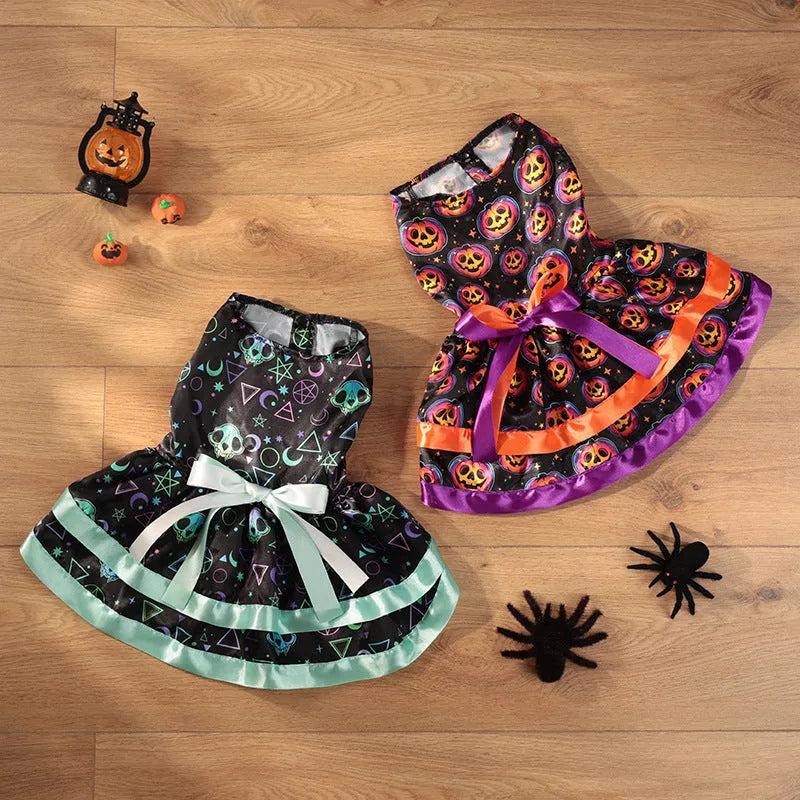 Halloween dog skirt with colourful pumpkin and skull prints in double-layer design