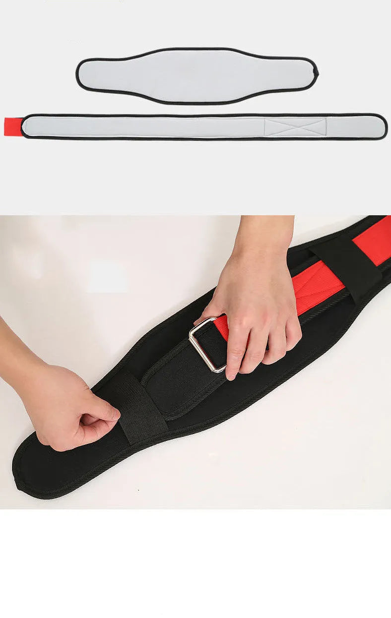 Nylon fitness weightlifting waistband showing black, red and yellow colour options with size markings
