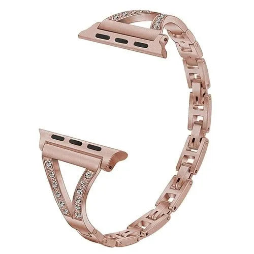 Stainless steel watch band with diamond accents in gold, showing the metal clasp and stud detail.