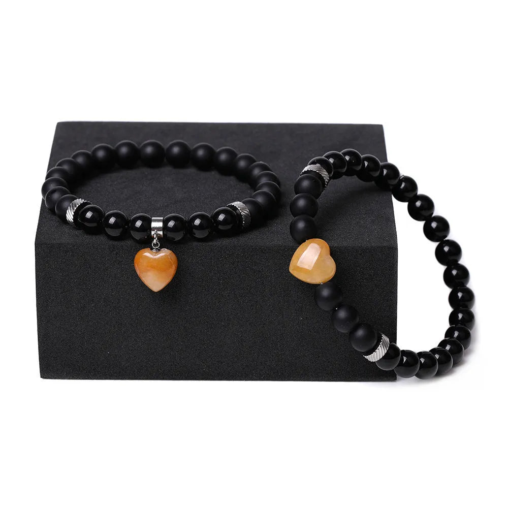 Natural stone couple matching bracelets with geometric heart design in eight colour variations