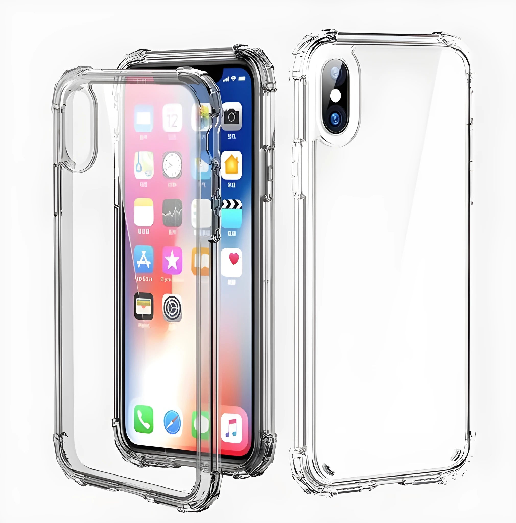 Transparent shockproof TPU iPhone case showing clear back cover design with visible Apple logo