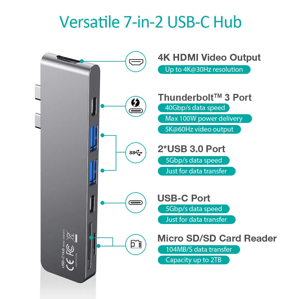 Compact aluminium USB-C hub adapter with SD card slot, microSD slot, two USB ports, HDMI, and charging port.