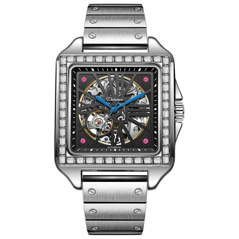 Men's square automatic watch with a diamond-studded dial on a black steel bracelet.