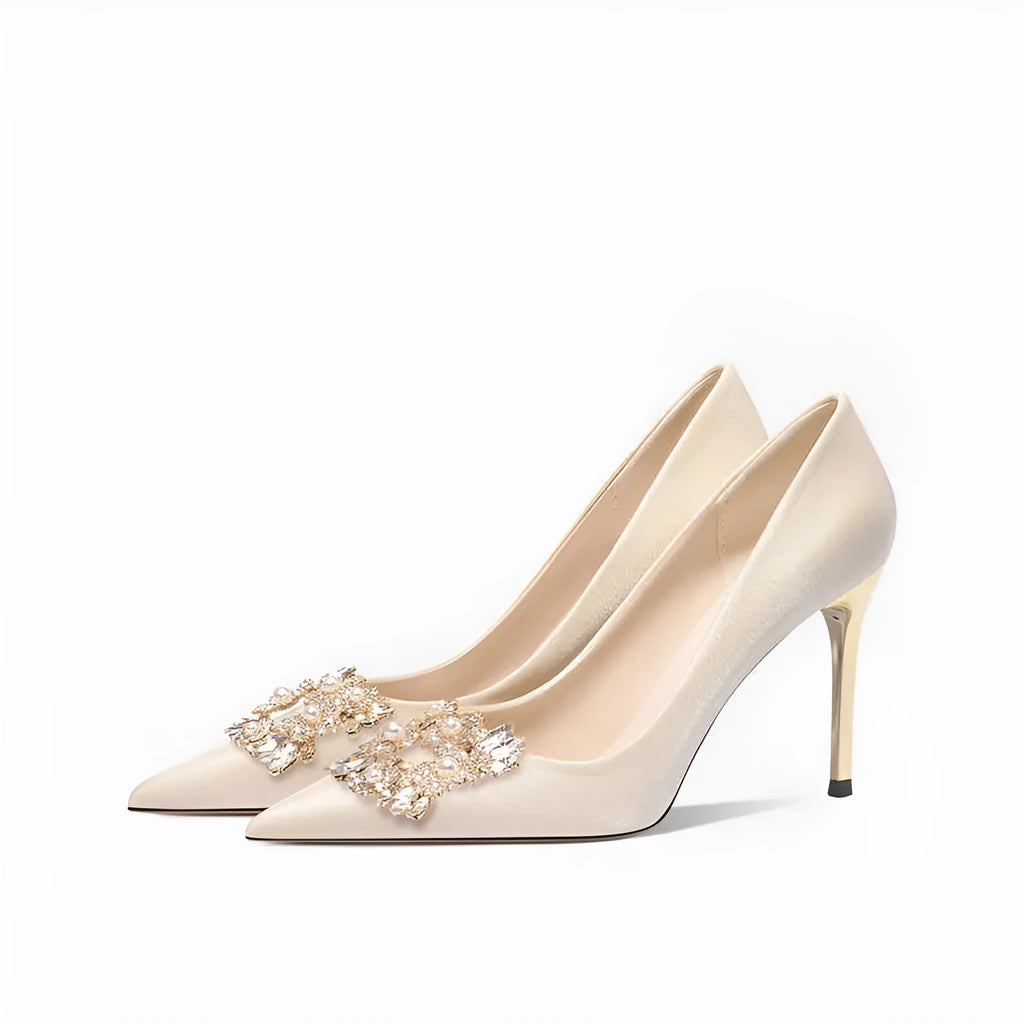 Rhinestone-detailed wedding high heels with pointed toe in stiletto or cat heel styles