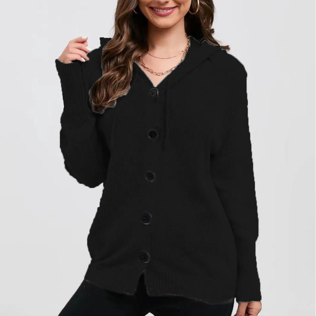 Women's solid colour hooded cotton cardigan sweater in a loose fit, shown in one of six available colours.